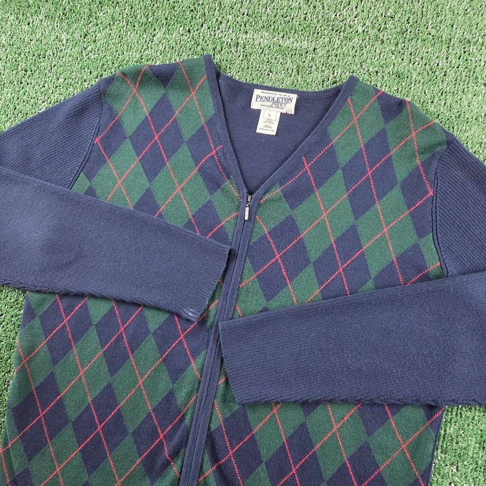 Vintage Pendleton Mens Argyle Zip Front Cardigan Sweater Navy Green Cotton Large
